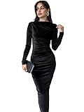Haibang Vestito Donna Elegante Maniche Lunghe Aderente Abito Lungo in Velluto Sexy Tubino Bodycon Midi Vestito Vintage Abito da Cocktail per Cerimonie Sera Festa Discoteca Party Club Casual