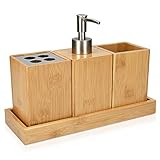 Navaris Set Accessori Bagno in bambù 4 Pezzi - Porta-Spazzolino Dispenser Porta-Sapone Bicchiere Porta-Oggetti e Vassoio - Kit Legno 25x10,5x18,5cm