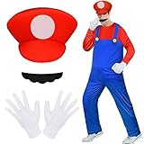 Aomig Costume Mario Adulto, 4Pcs Costume Mario-bros con Cappello, Baffi, Guanti, Mario Brothers Cosplay Costume Unisex, Fancy Dress Outfit Super Costume per Halloween, Carnevale, Rosso, L