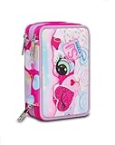 SJ GANG STYLE JAM GANG Astuccio Scuola 3 Zip Heart Lolly, Rosa, Portapenne Triplo Scomparto Completo Di Penne, Matite, Colori, Accessori Zaino, Scuola Elementare, Bambina