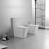 Yellowshop - Sanitari bagno a terra filo muro - Set vaso monoblocco rimless e bidet a terra con coprivaso soft-close serie Plain