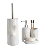 BM Set Accessori Bagno Ceramica 4 Pezzi - Dispenser, Porta Spazzolini, Portasapone, Portascopino WC - Moderno Set da Bagno Elegante per Casa, Hotel, B&B