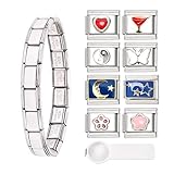 LUOJINYI Italian Charm Bracelet, Set di Bracciale Ciondoli Italiani, 8 Ciondoli Italiani Aggiuntivi con Strumenti di Apertura, Modulo Rimovibile da 9 mm, in acciaio inox (Sole e luna)