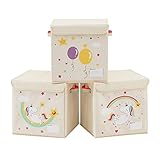 SONGMICS Set di 3 Scatole Portaoggetti per Bambini, Contenitore Porta Giochi per Bambini, 30 x 30 x 30 cm, Cesta Portagiochi Pieghevole con Coperchio, Cameretta, Disegno Unicorno, Beige RFB710W03