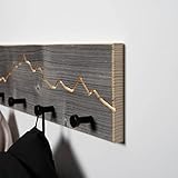 Appendiabiti in legno antico con motivo montagna, in vero legno, con ganci neri per corridoio o ufficio, appendiabiti da parete, rustico, per un arredamento elegante (55 cm, 5 ganci neri)