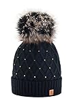 Caldo Berretto Invernale da Donna Beanie con fodera in pile, strass e Pom Pom in pelliccia multicolore nero M/L