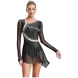 Oyolan Body da donna con pattinaggio artistico, con strass, maniche lunghe, leotard da ginnastica, performance S-XXL, B Nero, S