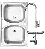 DomoDomo Lavello da appoggio a 2 vasche, doppio lavello in acciaio 80x50 cm + foro per miscelatore + rubinetto + sifone