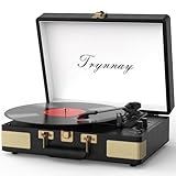 Trynnay Giradischi a 3 marce, lettore portatile in vinile con altoparlanti integrati, giradischi, audio migliorato, pelle PU, vintage nero