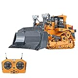Bulldozer telecomandato in scala 1/24 con batteria da 2,4 GHz, 9 CH, 30 m, 3,7 V 500 mAh, ABS, luci e suoni realistici, giallo e nero, 25 x 13,4 x 11,6 cm, per bambini e adulti