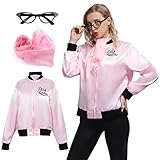 Wizland Donna Rosa Donne Grease Giacca per Halloween Cosplay Costume Anni '50 Giacca in raso rosa con sciarpe al collo e occhiali M