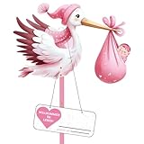 Set di cicogna a sonagli per la nascita del bambino, altezza 81 cm, grande carina cicogna a sonagli in legno per bambini, stampa su entrambi i lati, cicogna di nascita con asta in legno + targhetta