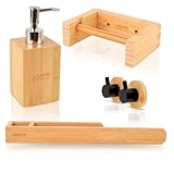 Biberty Accessori Bagno Legno Bambù, 5 Pezzi con e senza Trapano Dispenser di sapone, Portasciugamani bagno Legno, Porta rotolo Carta igienica Adesiva, Gancio Bagno Adesivo e Dispenser sapone bagno