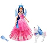 Barbie - Barbie Unicorno, bambola celebrativa del 65° anniversario con abito rosa e capelli blu, cucciolo di liocorno, ali di zaffiro e accessori inclusi, giocattolo per bambini, 3+ anni, HRR16