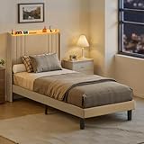 Blishom Letto singolo imbottito con luce LED 90 x 200 cm，Piattaforma Struttura letto (2 Prese CA 2 Porte USB), Per le camere degli ospiti e le camere da letto (Beige, 90 x 200 cm)