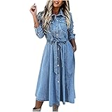 Abito da donna in denim a maniche lunghe, casual, slim fit, con bottoni, scollo a V, abito midi con colletto e tasche, abito estivo blu jeans da donna UK, Blu, XXL