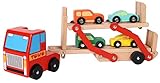 Toys of Wood Oxford TOWO Camion Giocattolo in Legno a Due Piani, con Rimorchio Trasportatore e 4 Macchinine da Corsa – Gioco Macchinine e Camion in Legno per Bambini di 3 Anni