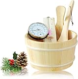 Secchio Sauna, 4L Set Completo Sauna Secchio Sauna con Mestolo Legno Pino Finlandese Alta Qualità Accessori Sauna Secchio Sauna Secchio Infusione (Secchio Sauna+Mestolo+Termometro Igrometro+Clessidra)