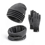 Baynetin Cappello Sciarpa Guanti Touch Screen 3 in 1 Set, Unisex Berretto in Maglia a Fodera Spazzolata Cappelli Morbido Scaldacollo Guanti Touch Screen per Sport All'aria aperta (Grigio)
