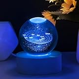 HOTUT Sfera di cristallo con sistema solare 3D con base in legno, luce notturna a LED per tavolo, regalo di compleanno, anniversario, decorazione per la casa