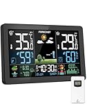 Stazione Meteo con Sensore Esterno, Display a Colori, Previsioni del Tempo, Temperatura, Umidità, Sveglia con Funzione Snooze, Pressione dell'aria, Uso Interno ed Esterno