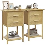 HOMCOM Set 2 Comodini con 2 Cassetti e Ripiano Inferiore in stile Nordico, Comodini Moderni in Bambù, 40x34x60 cm, color Legno