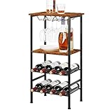 Mensola per vino indipendente per bar del vino con supporto in vetro e tavolo, 8 bottiglie, tavoli in legno con ripiani, organizer per bottiglie di vino a 4 livelli (marrone)
