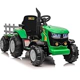 Garvee Trattore Elettrico per Bambini, Batteria 12V con Telecomando, Trattore con Rimorchio e Doppio Motore, Bluetooth/USB, Cambio a 3 Marce, Luci a 7 LED(Verde)