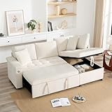 Divano Letto Estraibile con Spazio di Archiviazione e Caricatore USB, Tessuto Chenille Morbido, Bracciolo Portaoggetti, 2 Cuscini inclusi, Divano Angolare con funzione letto per Soggiorno e Ufficio