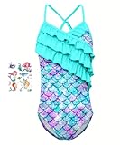 YYDSXK Costume Piscina Bambina, Costume Intero Bambina Sirena, Costume da Bagno Spiaggia Ad Asciugatura Rapida, Costume Mare Bambina Bikini con Volant Piscina, Costume Nuoto con Tatuaggi Temporanei