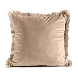 Sophie Cuscino Arredo in Velluto per Divano Letto, Disponibile in più Colori, con Frange, Pon Pon, Cuscino Decorativo Quadrato Sfoderabile Tinta Unita (Beige Frange)