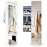 HOMASIS 3 in 1 Armadietto Portagioielli con Specchio a Figura Intera, Specchio Porta Gioielli Girevole a 360°con Luci LED e Appendiabiti, Organizzatore di Gioielli e Cosmetici, 50 x 166,5 cm, Bianco