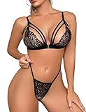 Niwicee Set Lingerie Donna Sexy Reggiseno Elegante Push Up Completi Intimi da Donna Pizzo Lingerie Spalline Regolabili Perizoma Set da 2 Pezzi Slip Soft Completi Intimi Apertura Frontale-A-Nero-XL