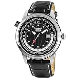 Aviator World Cities - Orologio da uomo a 3 lancette, al quarzo, stile aviatore, collezione Aviator, cinturino in vera pelle nera, orologio da polso pilota 3 Atm, Quadrante nero e cassa in acciaio