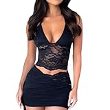 2 Pezzi Completo Elegante Gonna Tuta Donna Trasparente Sexy Scollo a V Top di Pizzo Canotta Estivo Aderente Senza Maniche Gilet Camicetta Tops + Mini Gonna Sexy a Vita Bassa Spiaggia (Nero, M)