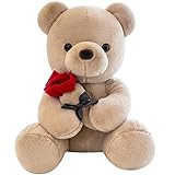 Orsacchiotto peluche con rosa, simpatico peluche giocattolo, idea regalo per bambini, ragazzi, ragazze, compleanno, Natale, San Valentino (23 cm, marrone)