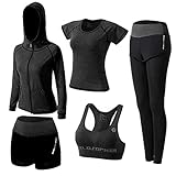 ZETIY Tute da Ginnastica Donna Set, 5 Pezzi Abbigliamento Sportivo Donna per Pilates Yoga Jogging Gym Workout Ginnastica Include Manica Lunga e Corta, Pantaloni, Reggiseno - Nero - S