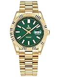 Alienwork Orologio Uomo Donna Oro Bracciale in Acciaio Calendario Data Verde Classico Elegante