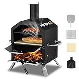 Pizzello Forno per pizza da esterno a 2 strati con pietra, pala per pizza, copertura, griglia rimovibile per campeggio, cortile, barbecue (nero)