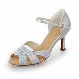 JIAJIA Y2054 da Donna Raso Sandali 7,5cm Tacco Svasato Latino Salsa Prestazione Scarpe da Ballo Colore Argento, Taglia 37 EU