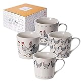 SPOTTED DOG GIFT COMPANY - Tazza con animali da fattoria - gallo e gallina - tazze grandi per caffè e tè a colazione - idee regalo per uomo e donna - in porcellana - 380 ml - set di 4 tazze