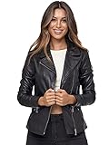 Tazzio Giacca in pelle da donna in vera pelle, look biker, con dettagli con cerniera e colletto a risvolto, F506, Nero , M