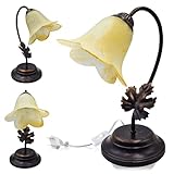 MAKA Lampada da Tavolo Vintage E14 (lampadina non inclusa) Luce Comodino Scrivania in Metallo Spazzolato Foglie Paralume in Vetro Lavorate Artigianalmente Soggiorno Camera Letto Ufficio (Daian)