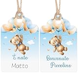 60pz Bigliettini Bomboniere Nascita Bimbo Etichette Benvenuto Bambino Tag Biglietti Confetti con Nastro Iuta Decorazione per Regalo Scatole Sacchetti Portaconfetti Battesimo