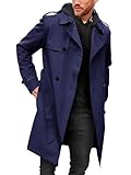 Runcati Cappotto da uomo doppiopetto trench cappotto lungo risvolto giacca da lavoro con cintura, Blu, M
