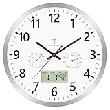 Foxtop Orologio da parete radio digitale analogico 30 cm con display LCD – Orologio radio digitale con regolazione automatica dell'ora, temperatura, data e giorno della settimana, silenzioso, orologio