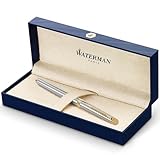 Waterman Hémisphère Penna Roller, in Acciaio Inossidabile con Finiture in Oro 23 Carati, Punta Fine con Cartuccia di Inchiostro Nero, Confezione Regalo