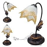 MAKA Lampada da Tavolo Vintage E14 (lampadina non inclusa) Luce Comodino Scrivania in Metallo Spazzolato Foglie Paralume in Vetro Lavorate Artigianalmente Soggiorno Camera Letto Ufficio (Beatrice)