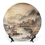 Gokays Piatti decorativi, antico paesaggio cinese dipinto a inchiostro, piatto in ceramica, piatto oscillante con espositore, decorazione per la casa per soggiorno, camera da letto, casa colonica da
