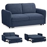 EVERGREENWEB - Divano Letto 2 Posti Matrimoniale L165xP90xA80 cm, Morbido Tessuto Blu, Schienale Reclinabile a Doppio Cuscino, Sofà con Chaise Longue Estraibile, Struttura Rinforzata Pieghevole, NELLY